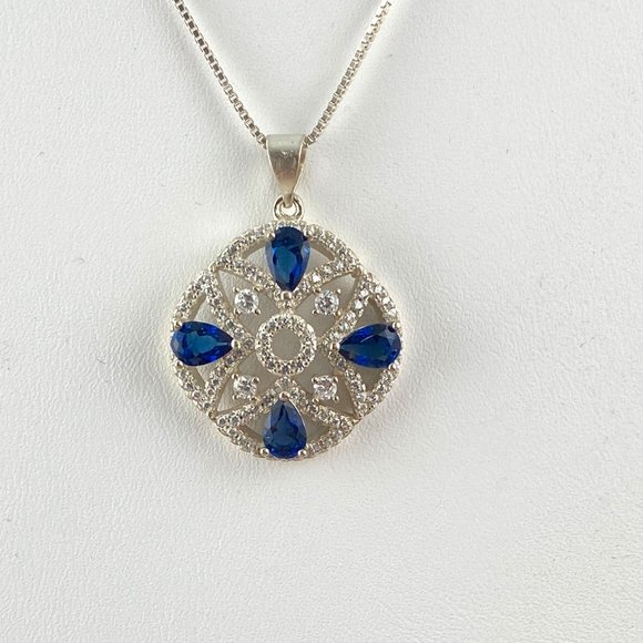 Art Deco retro Blue Sapphire & CZ's 925 Silvwer Pendant - Picture 1 of 4